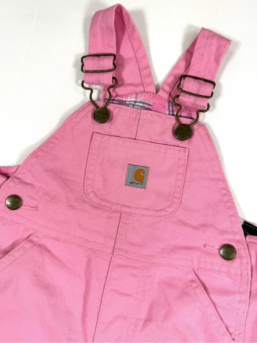 CARHARTT Girls Canvas Bib Overalls 9M Pink Plaid Lined Workwear Farmcore Western